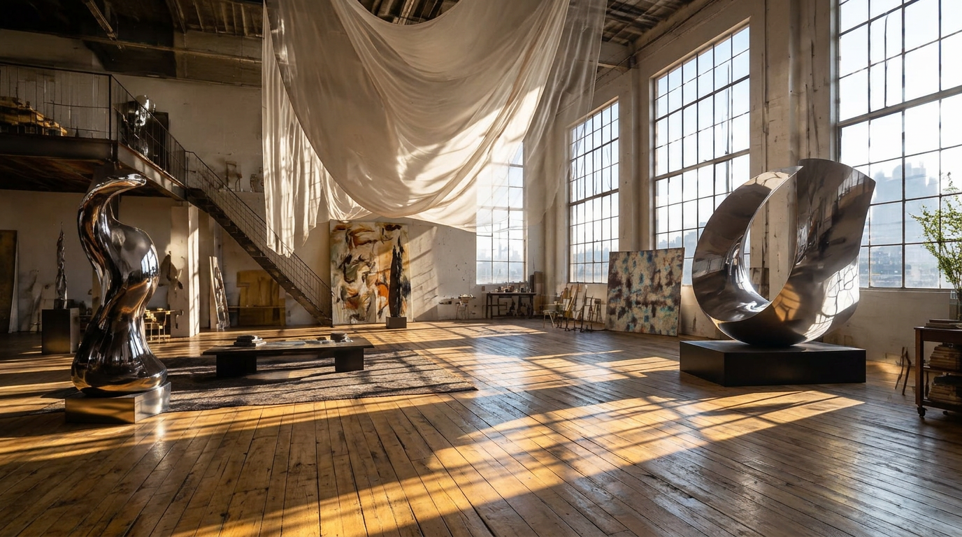 Sculptural forms and cinematic light in a creative studio